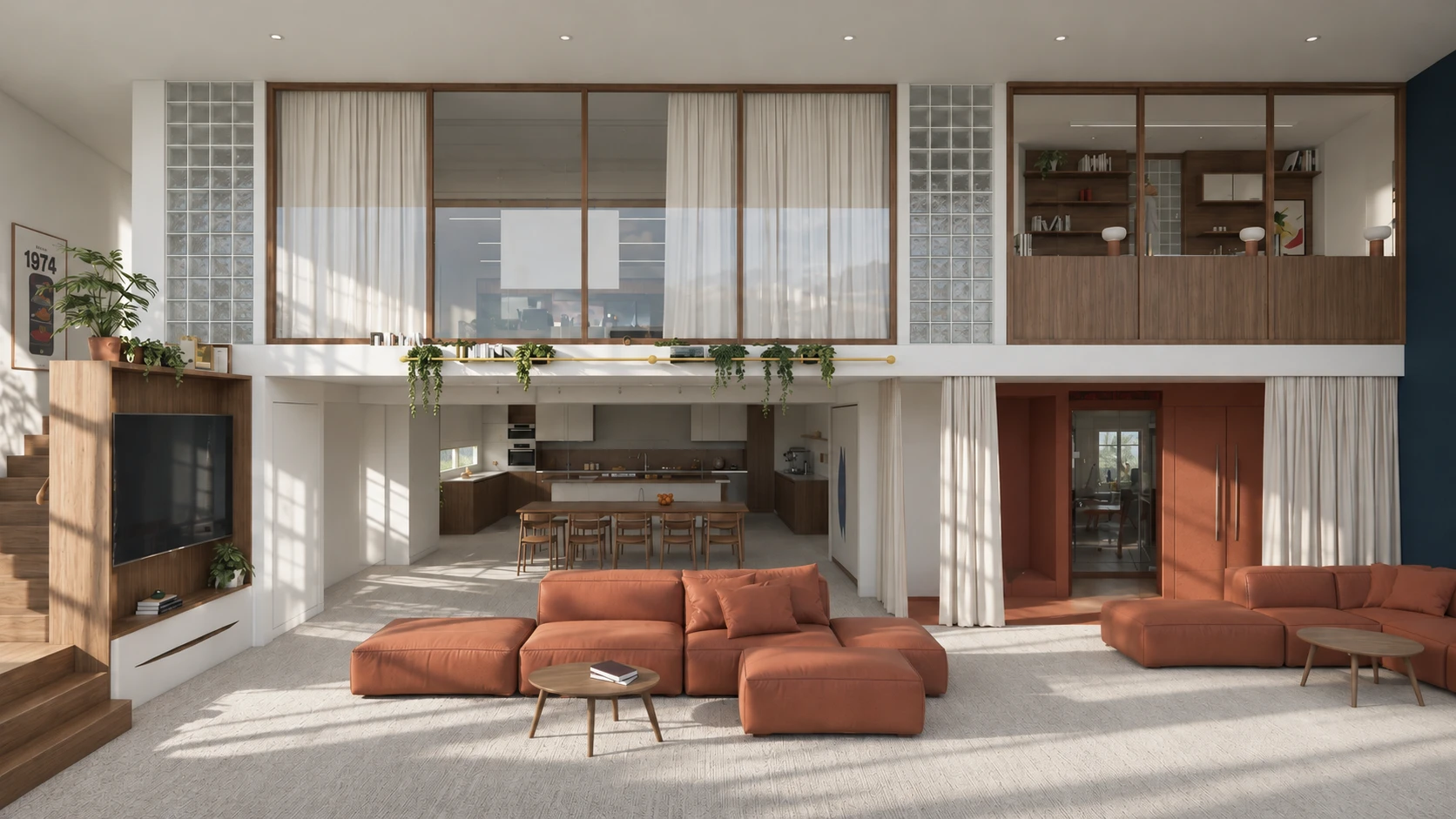 The double-height lounge in daylight: rust leather sofas and a timber media wall, with the open kitchen and dining table beyond, under a mezzanine of glass rooms