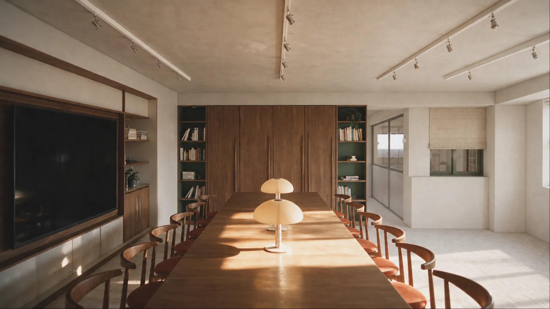 A long timber boardroom table with mushroom lamps and a screen wall