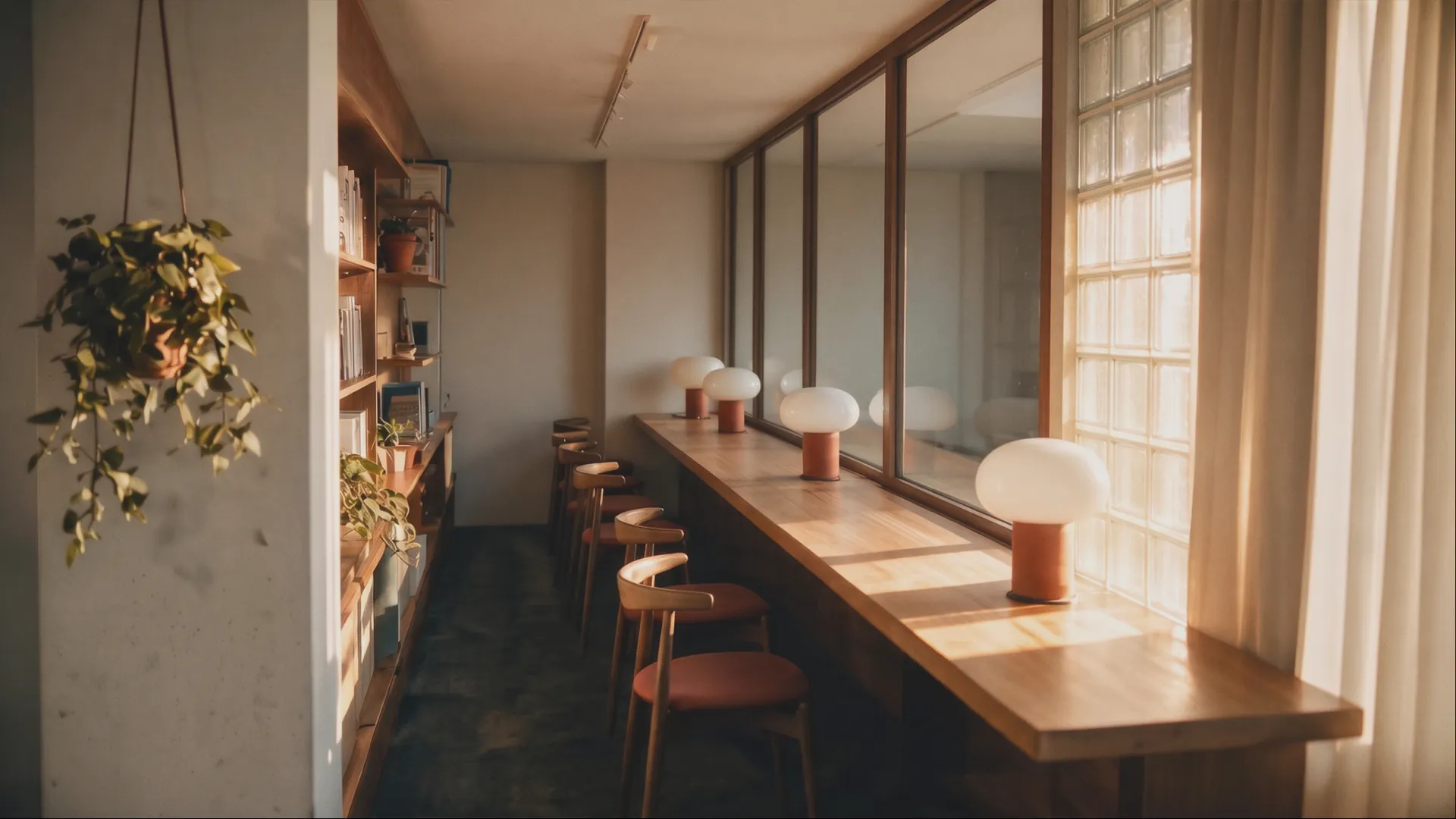 A window bar with stools, mushroom lamps and hanging plants
